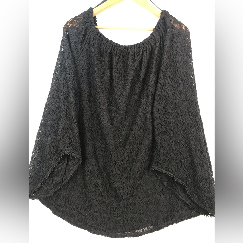 Lily Morgan Plus Size Stretch Lace Bell Sleeve Tunic Blouse, Black, 1X